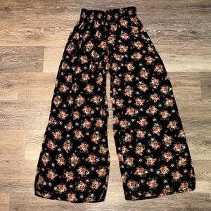 Wide Leg Floral Pants - Black with Red Floral